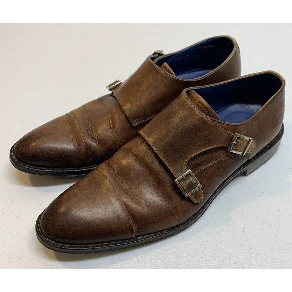 Peter Millar Monk Strap Dress Shoes Mens 10 Brown Leather Cap Toe Preppy